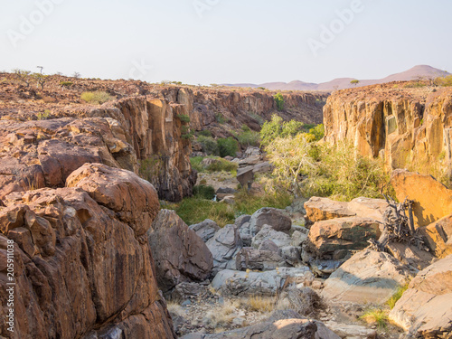 Rocky canyon with green bushes and trees in Palmwag Concession, Namibia, Southern Africa photo