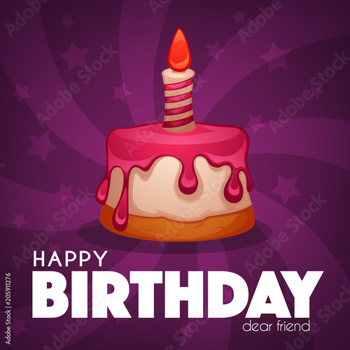 Happy Berthday greeting card with image of cartoon birthday cake, candle and lettering composition photo