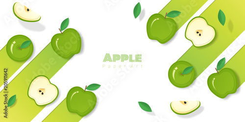 Fresh green apple fruit background in paper art style , vector , illustration