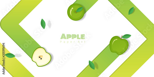 Fresh green apple fruit background in paper art style , vector , illustration