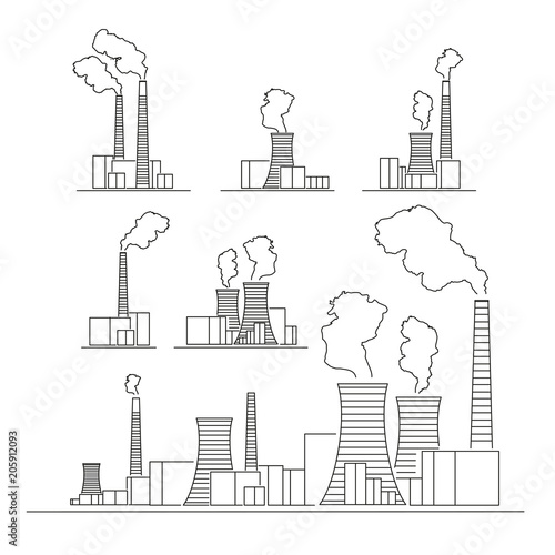 A set of images of factories. The pipes of the plant produce smoke.  The factory pollutes nature. Pentagram, icon, logo, background