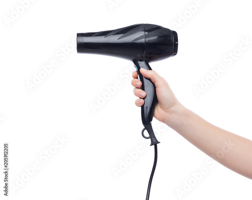 Fotografie Woman holding professional hair dryer at white background, isolated