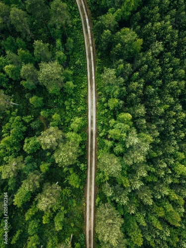 Aerial top view of a country road through a fir forest in summer rural Finland