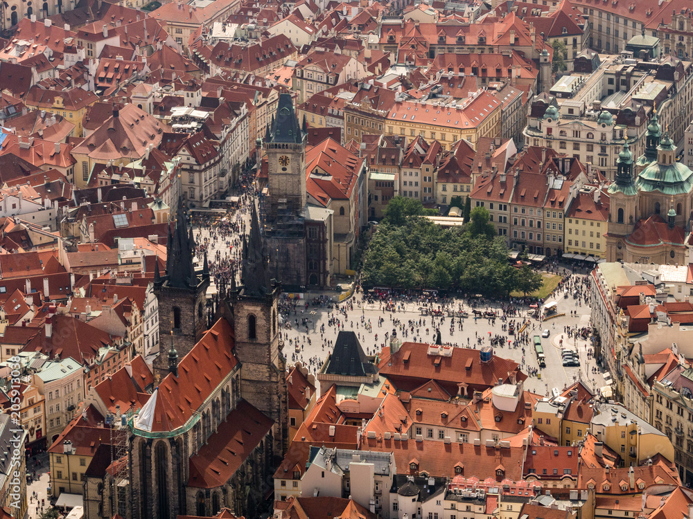 Aerial view on Prague City, Czech Republic. Panoramic view from airplane. Aerial view of Prague. The red roofs of Prague.