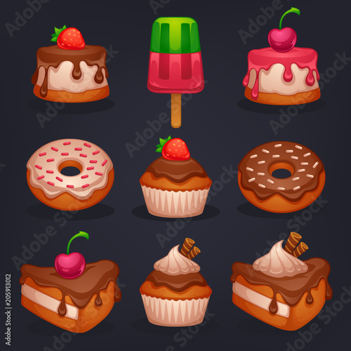 cakes, donuts and desserts, shiny and glossy cartoon game asset