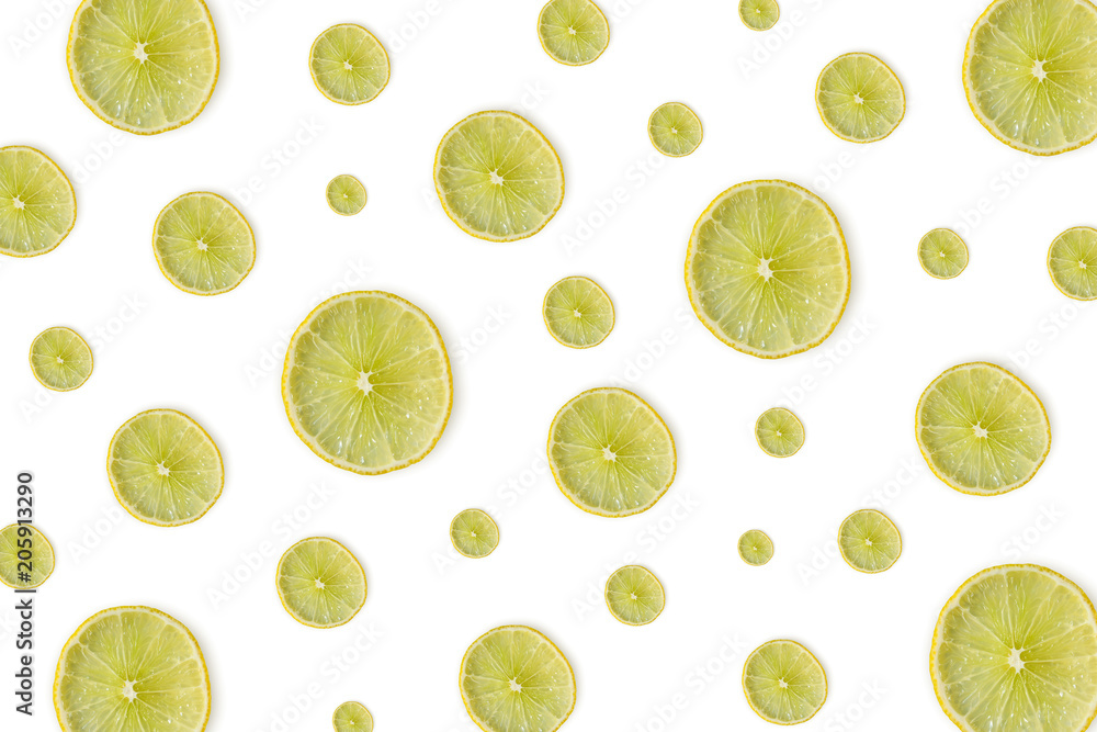 Lemon and lime slice and fresh citrus fruit on white background.