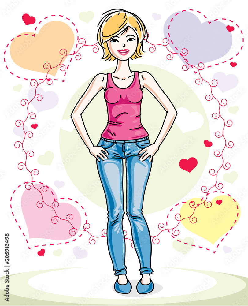 Young beautiful blonde woman posing on bright background with loving hearts and wearing casual clothes. Vector attractive female illustration. Valentine day theme cartoon. Young beautiful blonde woman posing on bright background with loving hearts and wearing casual clothes. Vector attractive female illustration. Valentine day theme cartoon.