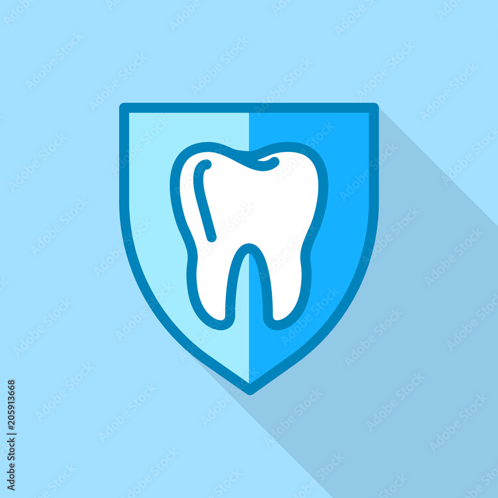 Tooth on shield logo icon. Flat illustration of tooth on shield vector logo icon for web design Tooth on shield logo icon. Flat illustration of tooth on shield vector logo icon for web design
