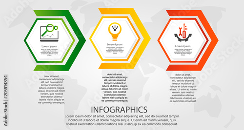 Timeline modern vector illustration 3D. Infographic template with three hexagon with arrows. Designed for business, presentations, web design, diagrams with 3 steps for workflow layout, annual report
