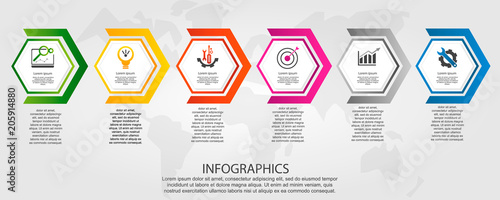 Timeline modern vector illustration 3D. Infographic template with six hexagon with arrows. Designed for business, presentations, web design, diagrams with 6 steps for workflow layout, annual report