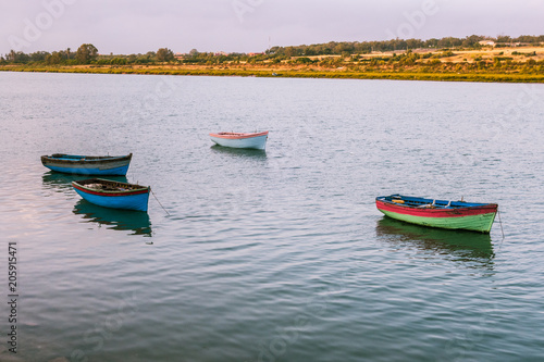View of moroccan small boats floating on water
