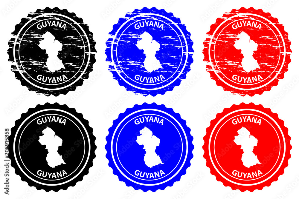 Guyana - rubber stamp - vector, Co-operative Republic of Guyana map pattern - sticker - black, blue and red