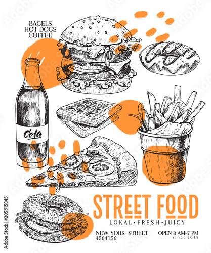 Hand drawn fast food banner. Engraved vector illustration. Burger, pizza, soda, french fries, bagel. Modern trendy typography. Restaurant, menu, street food flyer, poster.