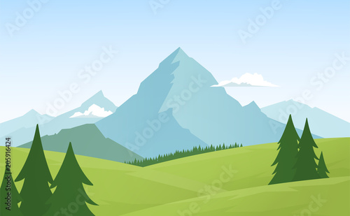 Summer flat Alpine Mountains landscape with pines on foreground