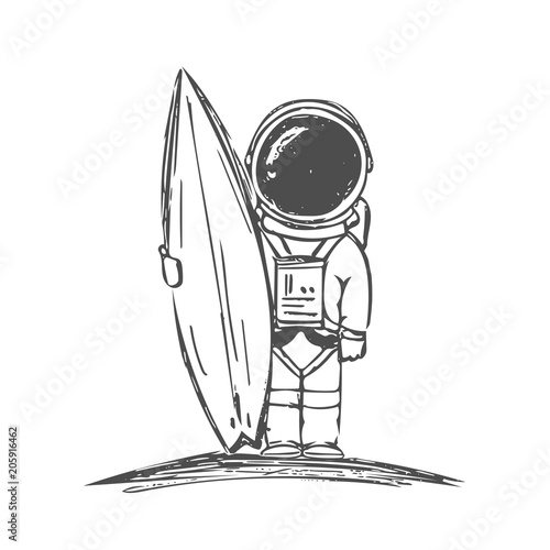 Hand drawn astronaut surfer with surfboard on white background