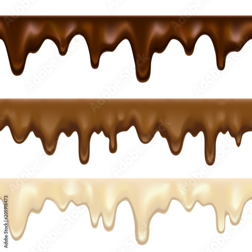Dripping white chocolate melt. Candy brown and white milk splatters vector illustration, chocolates drops patterns on white