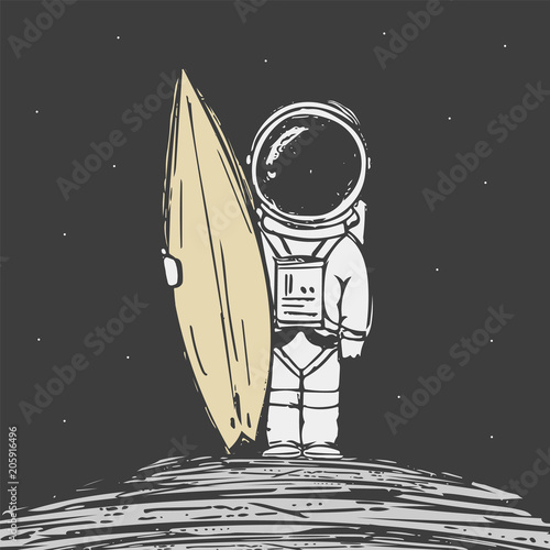 Hand drawn astronaut surfer with surfboard on dark spacw background