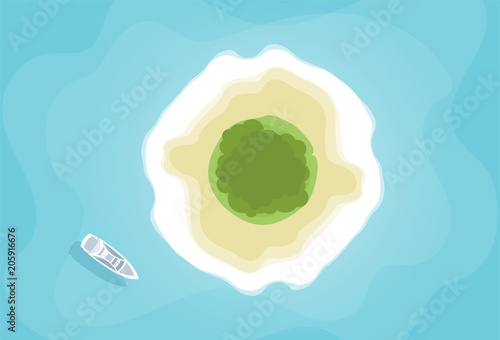 Vector illustration: Top aerial view of tropical island and yacht boat. Summer background.