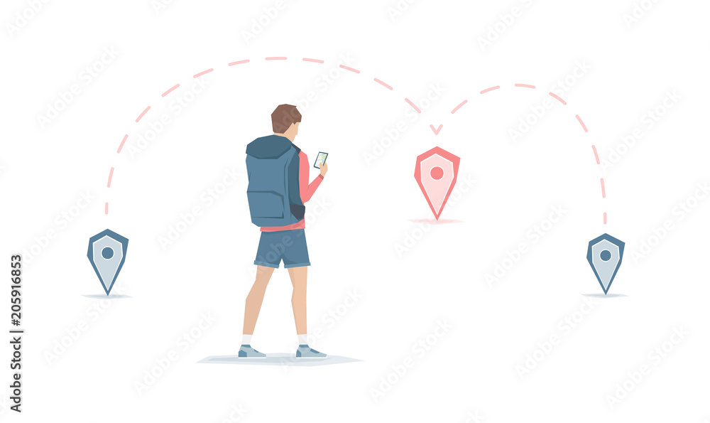 Cartoon young man with backpack is looking for a route on the app map.  Traveler with way points on white background Stock Vector | Adobe Stock