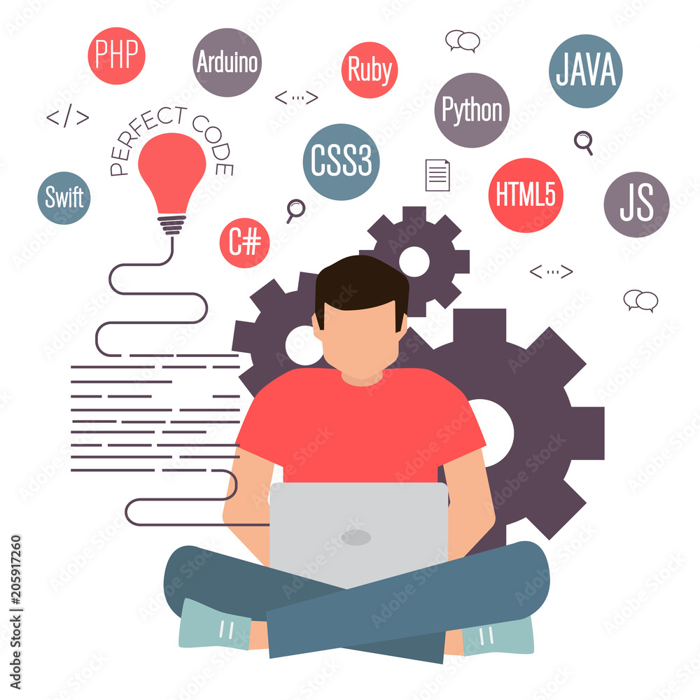 programming and coding banner, best programming languages, programmer working on pc laptop, flat illustration concept programming and coding banner, best programming languages, programmer working on pc laptop, flat illustration concept
