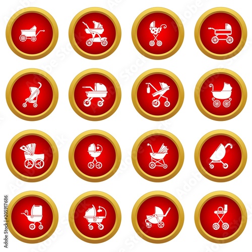 Baby carriage icons set. Simple illustration of 16 baby carriage vector icons for web