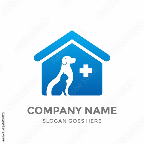 Home Hospital Animal Pet Care Veterinary Clinic Friends Safety Silhouette Grapic Love Circle Modern Healthcare Dog Cat Logo Icon Vector Design Template