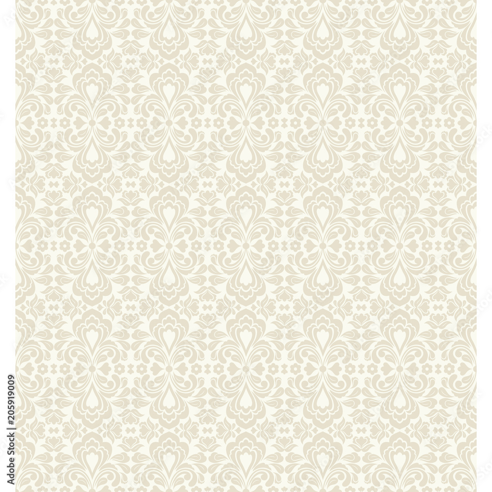 Seamless light background with beige pattern in baroque style. Vector retro illustration. Ideal for printing on fabric or paper.