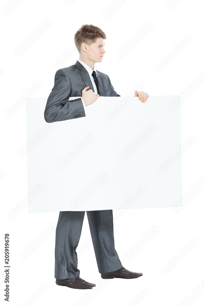 successful young businessman bears white blank banner successful young businessman bears white blank banner