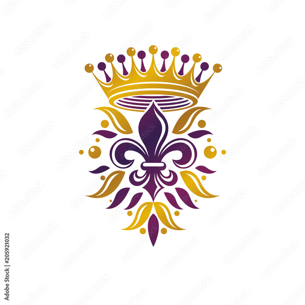 Obraz premium Retro golden vintage Insignia created with lily flower and imperial crown. Vector quality idea design element, Fleur-De-Lis.