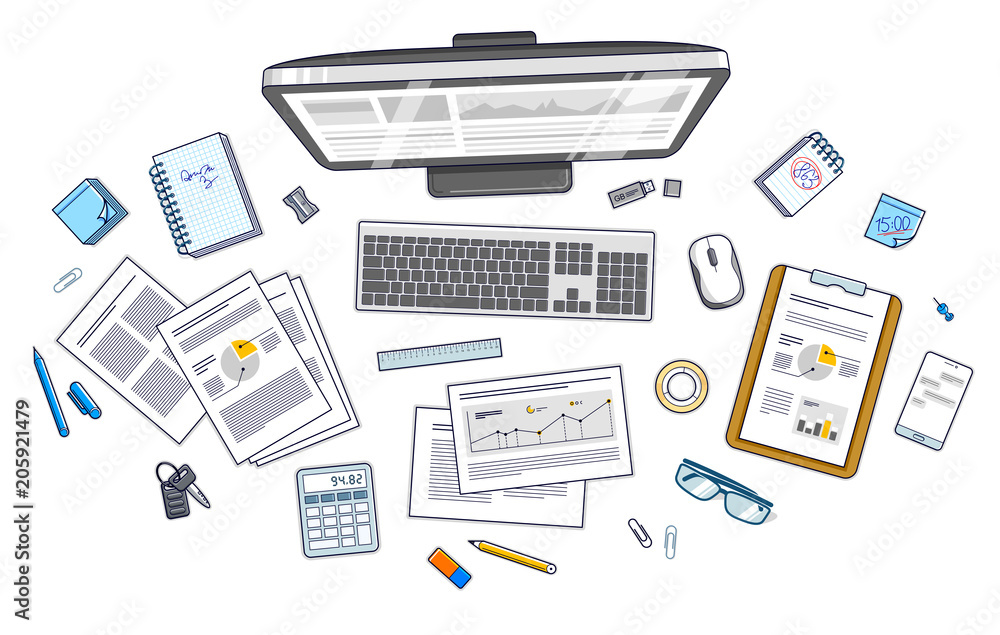 Work desk workspace top view with PC computer and analytics papers with graphs and data and stationery objects on table. All elements are easy to use separately or recompose illustration. Vector. Work desk workspace top view with PC computer and analytics papers with graphs and data and stationery objects on table. All elements are easy to use separately or recompose illustration. Vector.