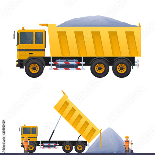 Vector dumper and road worker, illustration of road works truck on road, worker in helmet, vector yellow dump truck