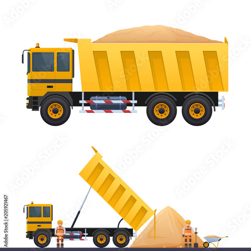 Vector dumper and road worker, illustration of road works truck on road, worker in helmet, vector yellow dump truck