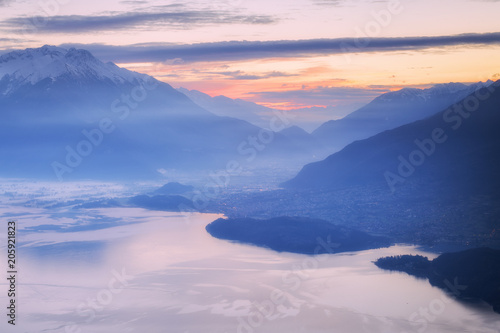 Sunrise on Como Lake and Valtellina from above. San Bernardo Church, Monte Bregagno, Dongo, Como Lake, Lombardy, Italy, Europe. photo