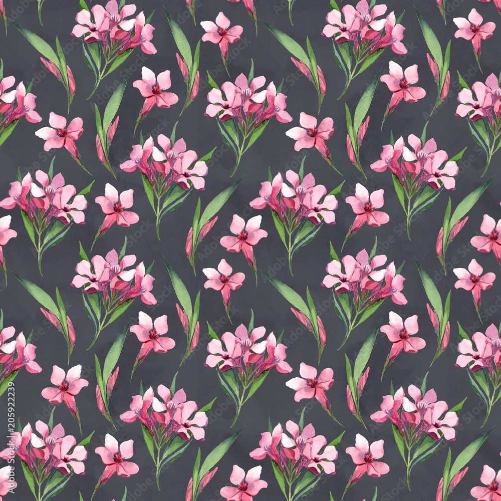 Watercolor seamless pattern of pink flowers and green leaves on dark splash background.