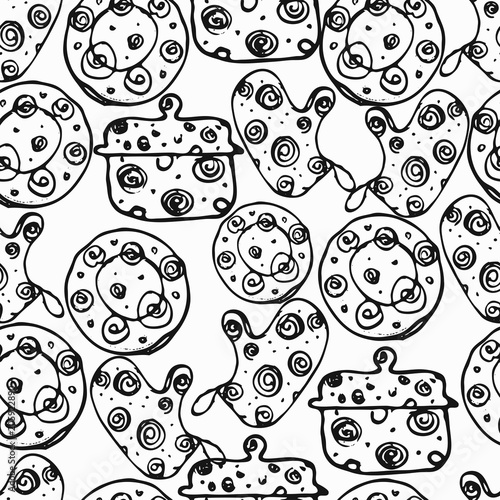 Seamless pattern with kitchen tools : plate, cup, pan. Hand drawn vector ornament.
