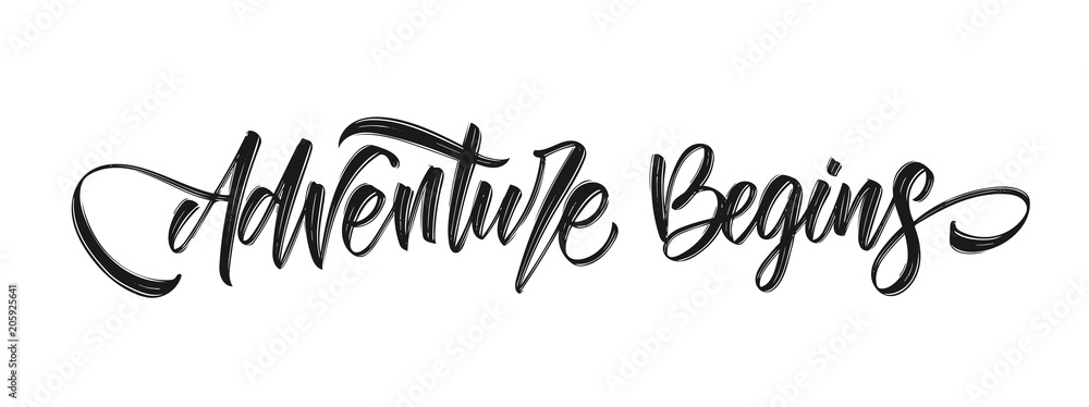 Handwritten Modern brush lettering composition of Adventure Begins on white background Handwritten Modern brush lettering composition of Adventure Begins on white background