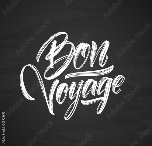 Handwritten brush type lettering of Bon Voyage on chalkboard background