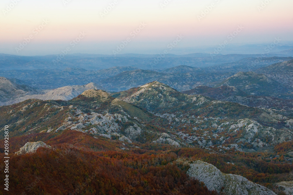 Beautiful evening mountain landscape. Montenegro, view of Stone Sea in Lovcen National Park