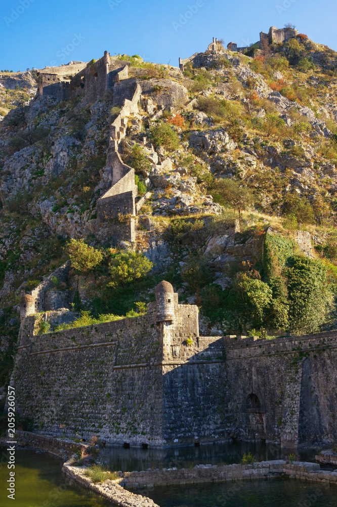 Northern walls of ancient fortress in Old Town of Kotor, Montenegro