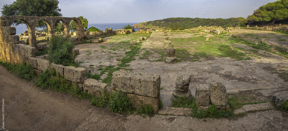 Panoramic view of ruins of great basilica in roman town Tipasa (Tipaza), Algeria,