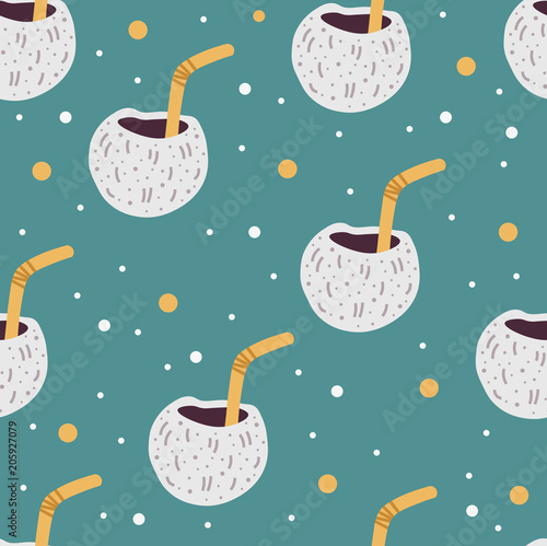Cute seamless childish pattern for kids in scandinavian style with coconut drink.