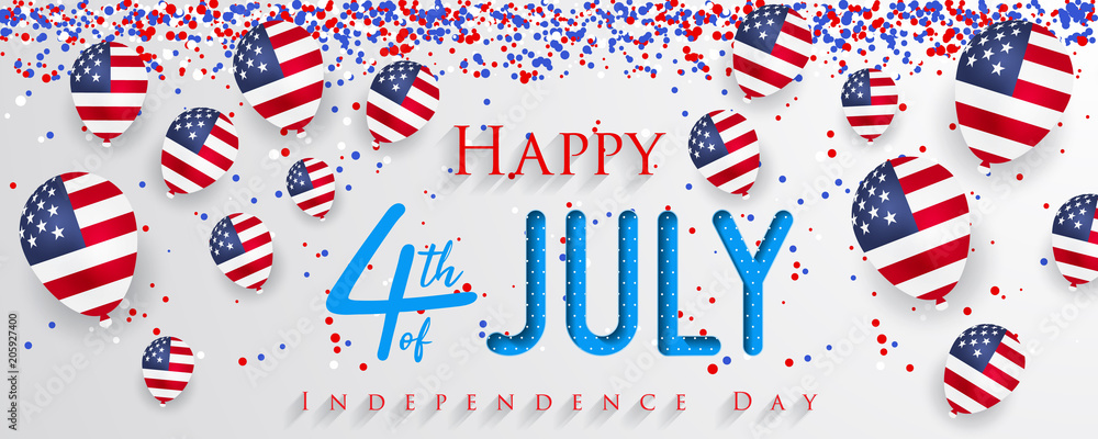 Obraz premium Happy 4th of July USA Independence Day greeting card with balloons and hand lettering text design.
