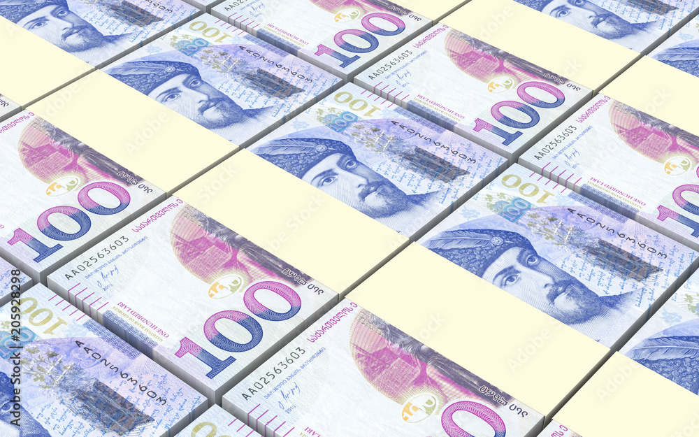 Fototapeta premium Georgian lari bills stacks background. Computer generated 3D illustration.