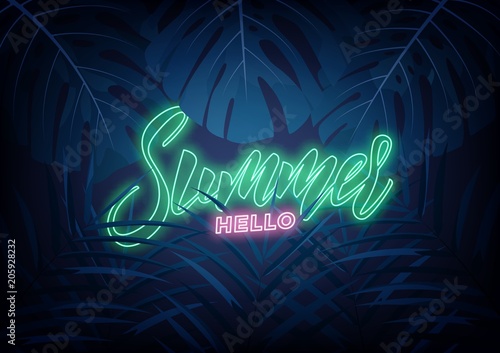 Summer. Modern design layout with neon lettering and tropic jungle leaves. Summer exotic background