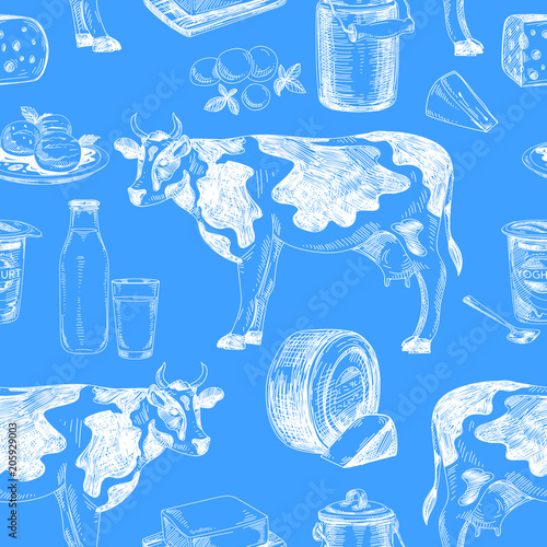 Beautiful vector hand drawn dairy products  seamless pattern.
