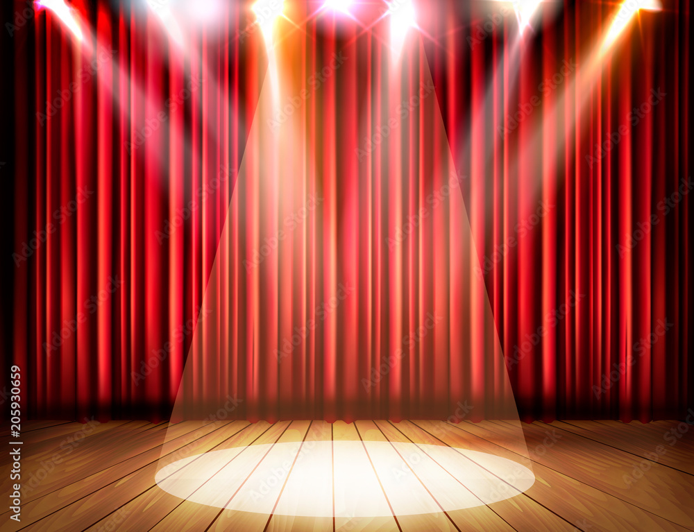 Fototapeta premium Scena teatralna z czerwoną kurtyną i reflektorem. Wektor.