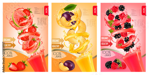 Label of peach juice splash in a glass. Desing template. Vector.