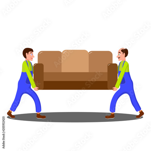 Collective work when loading furniture. The loaders carry the sofa.