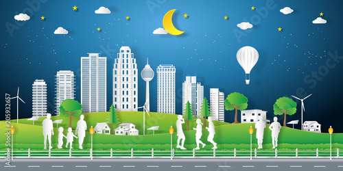 landscape of peoples exercise and relax in the night city on summer, fresh air in the park as nature, healthy, paper art and craft style concept. vector illustration.