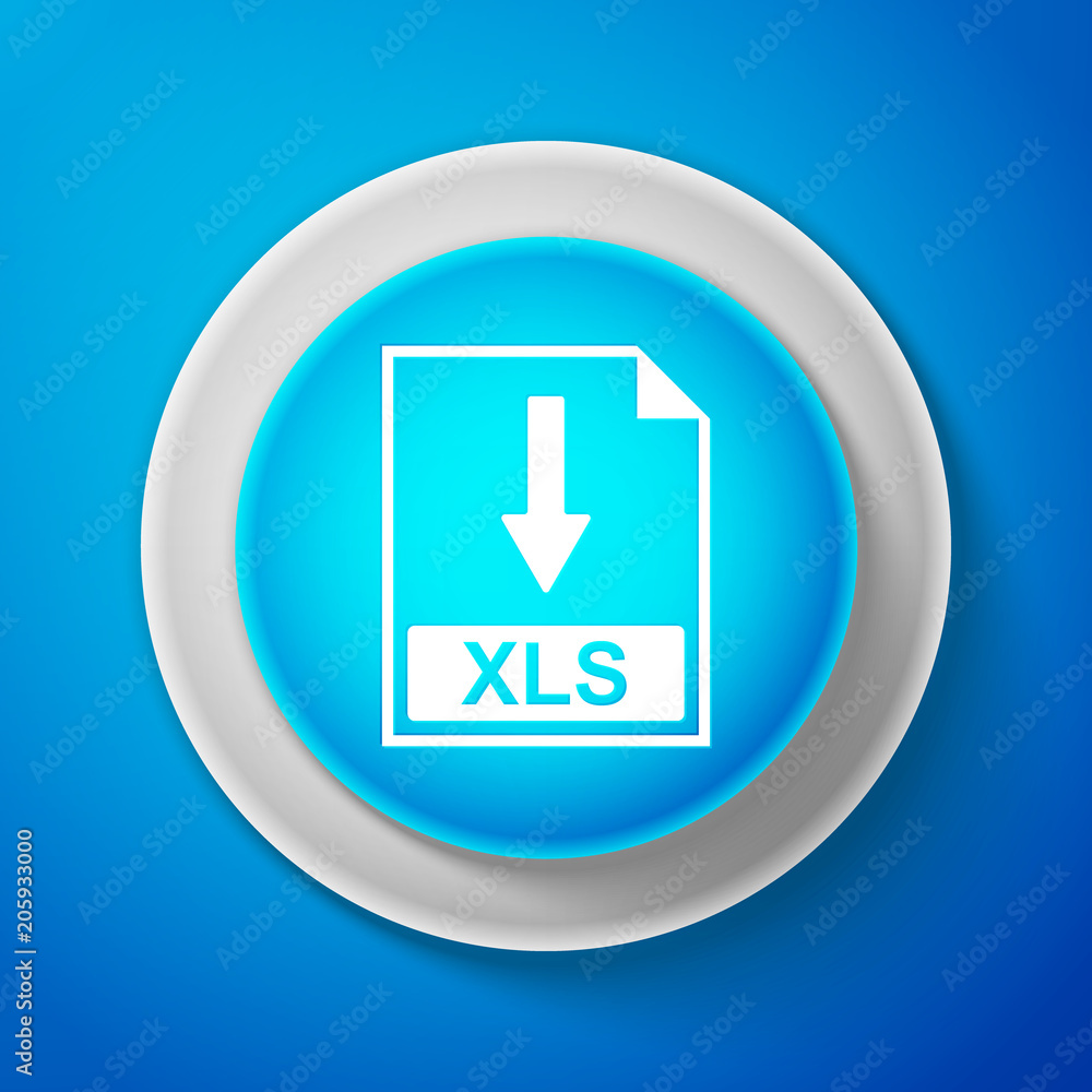 White XLS file document icon isolated on blue background. Download XLS button sign. Circle blue button with white line. Vector Illustration White XLS file document icon isolated on blue background. Download XLS button sign. Circle blue button with white line. Vector Illustration